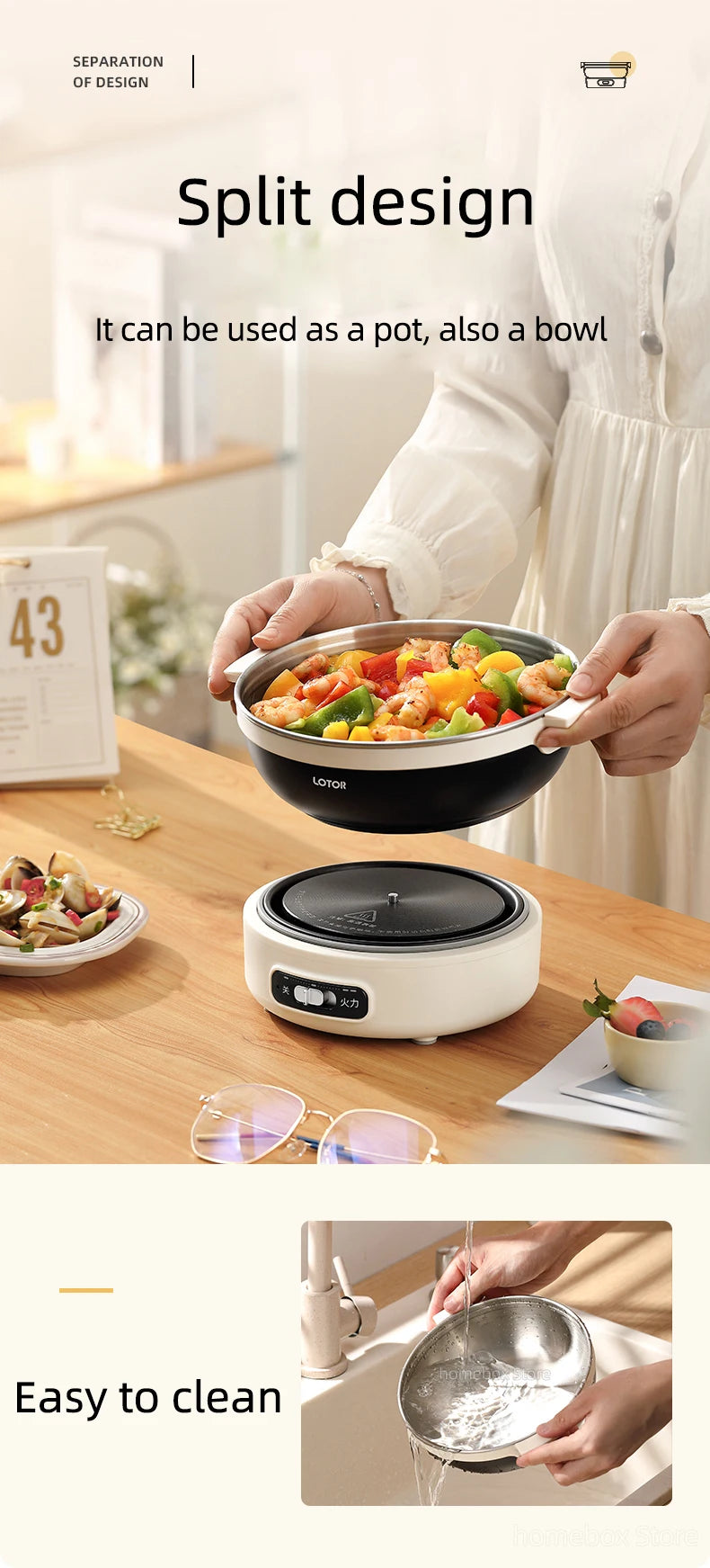 1.2L Folded Electric Cooking Pot Portable Multicooker Travel Rice Cooker Split Hot Pot 304 Stainless Steel Electric Skillt 500W