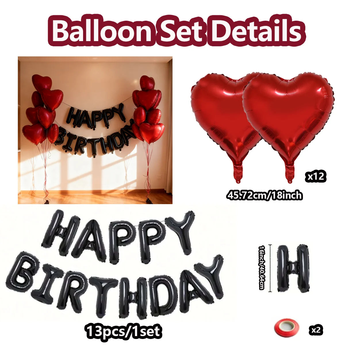 Black Happy Birthday Balloon Set Red Heart Balloon Bow Aluminum Film Balloon for Birthday Party Decoration Photography Props