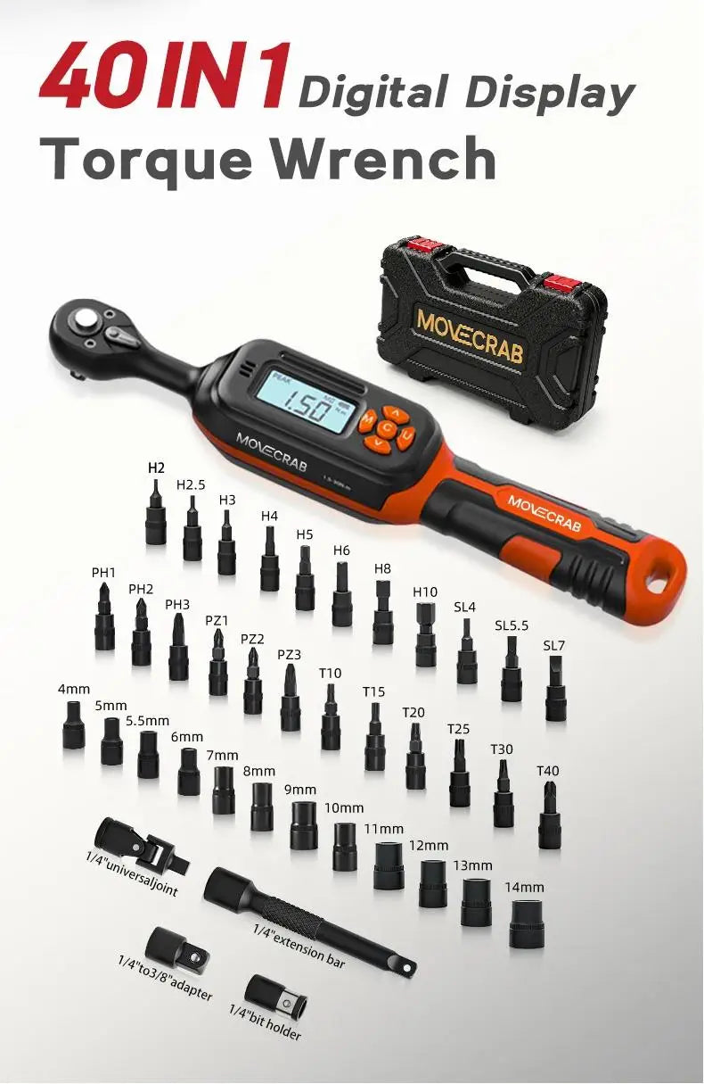MOVECRAB 40Pcs Bike Digital Torque Wrench Set, 1/4-Inch Drive 1-22 Ft.lb/1.5-30 N.m with Bits & Sockets for repairing Bike