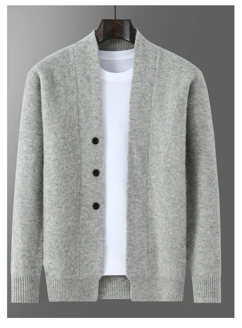 2025 Autumn Winter New Thick Cardigan 100% Pure Wool Men's Versatile Jacket V-Neck Loose Casual Highend Knitted Cashmere Sweater