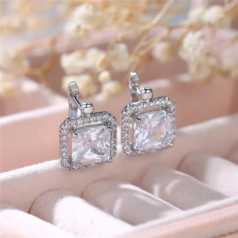 Female Luxury Green Square Zircon Stone Clip Earrings Charm Silver Color Wedding Jewelry For Women