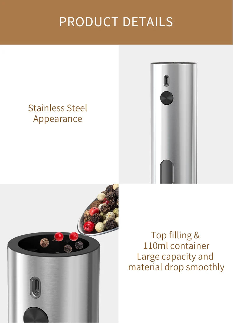 Rechargeable Electric Salt and Pepper Grinder Set Stainless Steel Pepper Mills Adjustable Coarseness Power Grinder Kitchen Tools