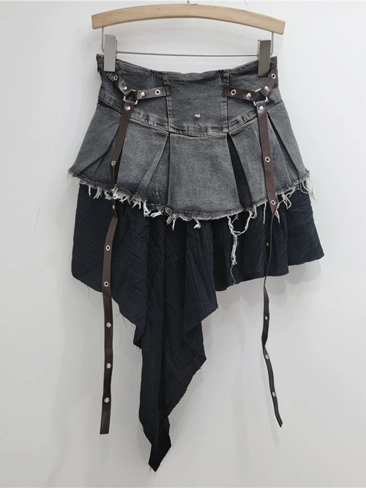 EAM Color-block Irregular Spliced High Elastic Waist A-line Mini Denim Skirt Women Fashion Tide New Spring Autumn 2026 30A3307