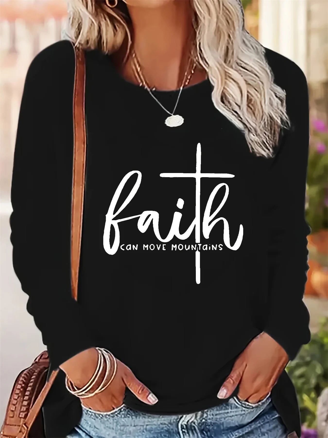 Women's Spring and Autumn 100% pure cotton fashionable casual loose letter pattern printed round neck long sleeved T-shirt top