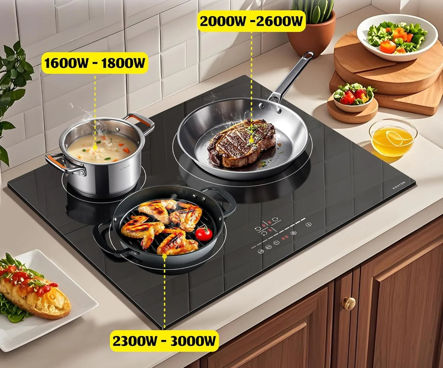 NOXTON Induction Hob 3-Burner, 60cm Built in Induction Hob, Electric Hob with Touch Control, Timer, Safety Lock, 5200Watts, wi