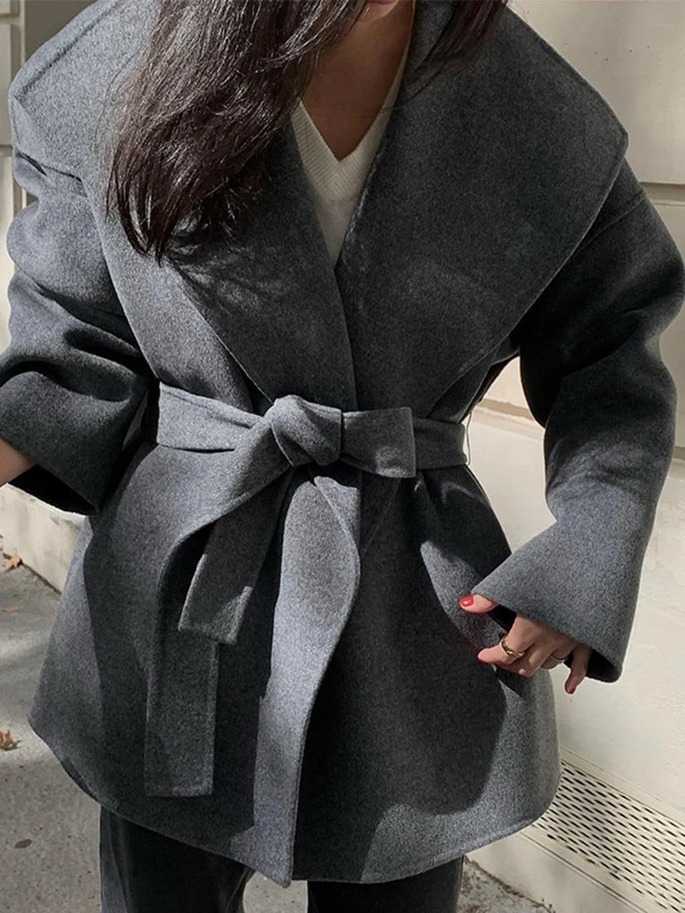 [EWQ] Khaki Fashion Woolen Coat With Belt Women Long Sleeve Elegant Lapel Wool Jacket Outwears 2025 Autumn Winter New 16U5035
