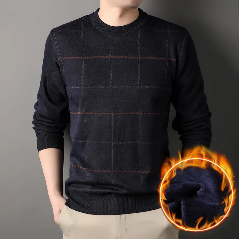 Round Necked Sweater for Men with Plush Insulation and Inner Layer for Men with Bottom Layer Men's Autumn and Winter Black Knit