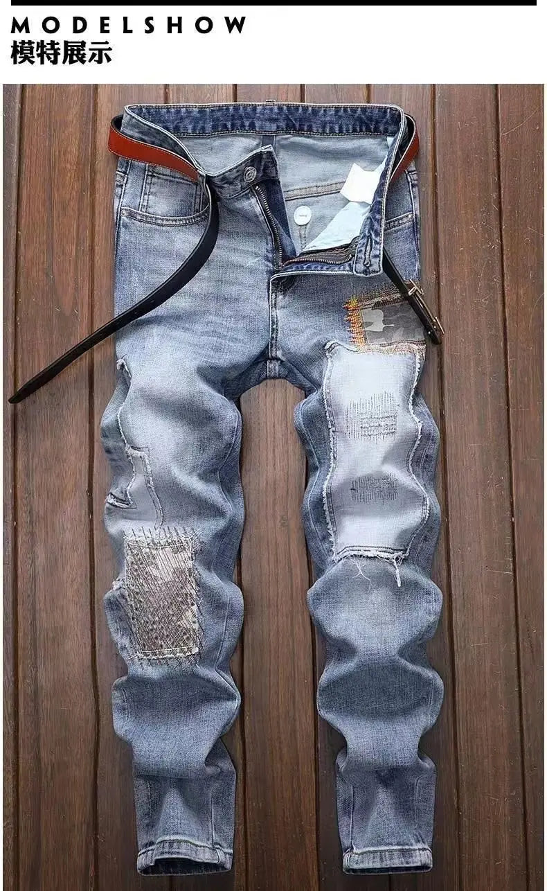 New Spring Autumn Wash Denim Korean Style Blue Designer Cowboy Cycling Motorcycle Splice Vintage Cargo Strech Pant Jean Trousers