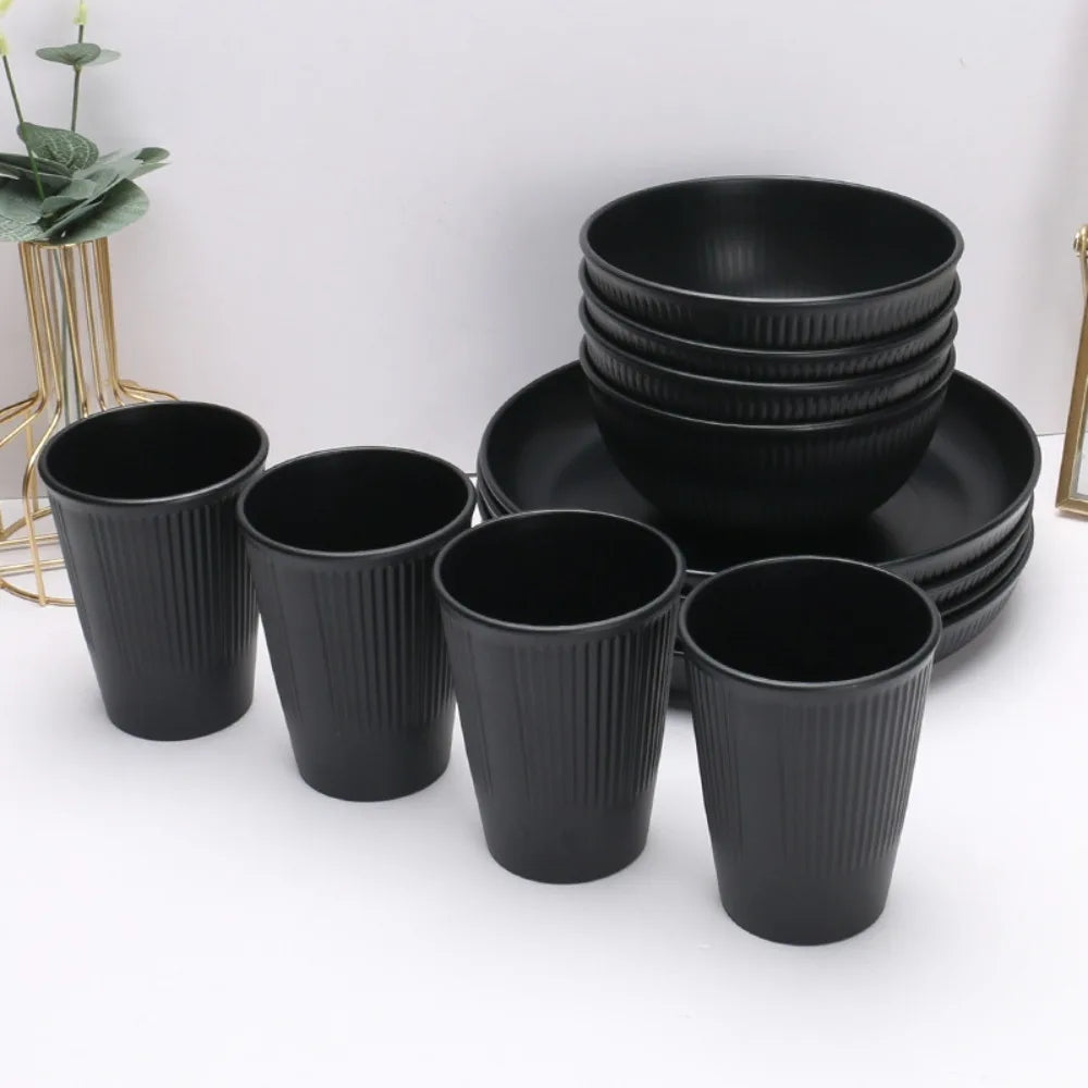 3pcs/set Eco-friendly Plastic Black Tableware Set Vertical Stripes Anti-fall Cutlery Set Plate/Bowl/Cup Party