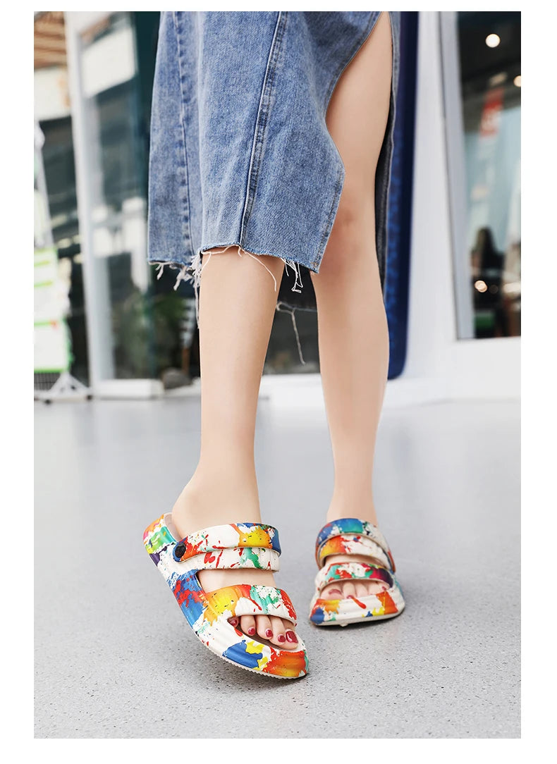 2024 New Thick-soled EVA Cave Shoes Women's Summer Wear Non-slip Beach Soft-soled Semi-Slippers Fashion Printed Sandals
