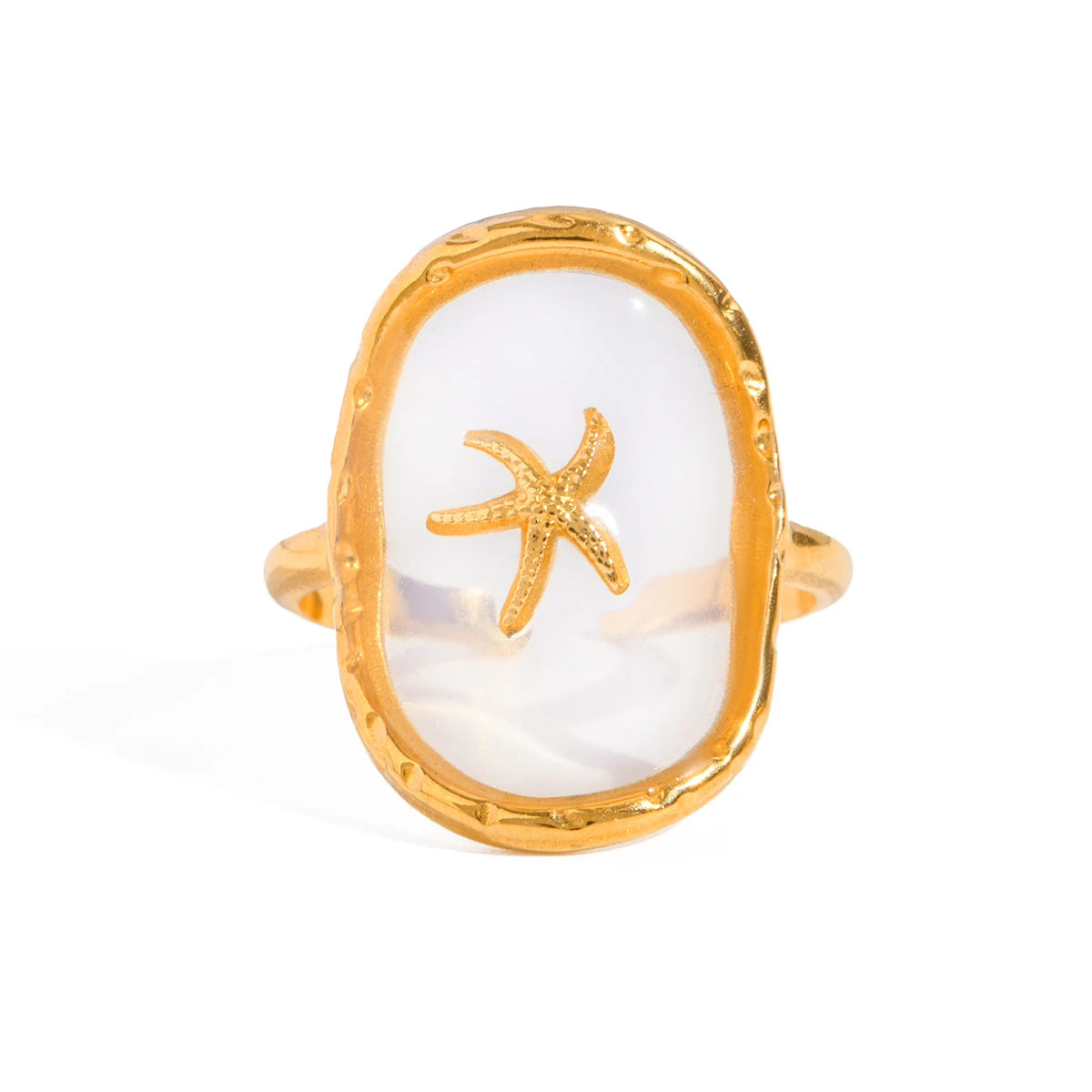 Oval Starfish 18K Gold Plated Stainless Steel Hammer Pattern Ocean Wind Open Ring Women Anti Allergic Charm Daily Jewelry