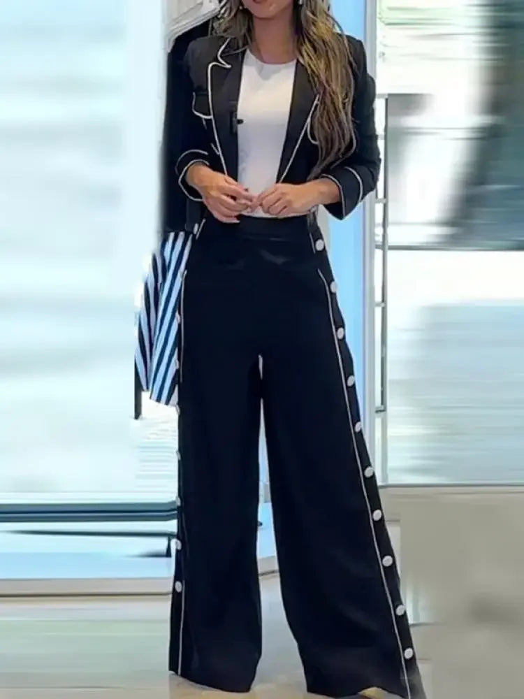 Bonboho Women's Casual Pants Set Blazer Coat and Wide Leg Pants 2024 Spring and Summer Stylish Two-piece Suit for Office Ladies
