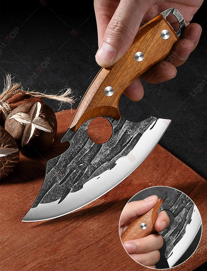 Kitchen Knife Supplies Forged Butcher Knife Fruit Slicing Bottle Opener Knife Multipurpose BBQ Cooking Chef Knife Wood Handle