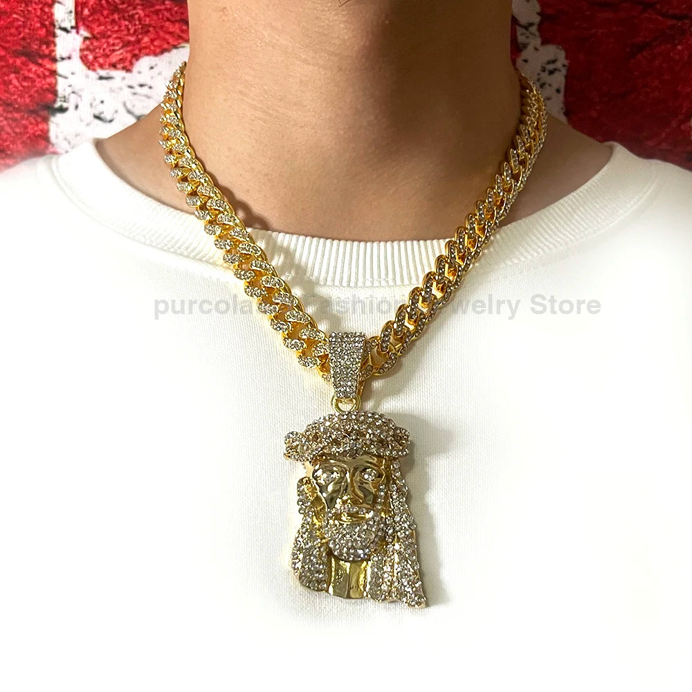 Men Hip Hop Rapper Popular Necklace Religious Jesus Portrait Pendant Rhinestones Cuban Chain Jewelry