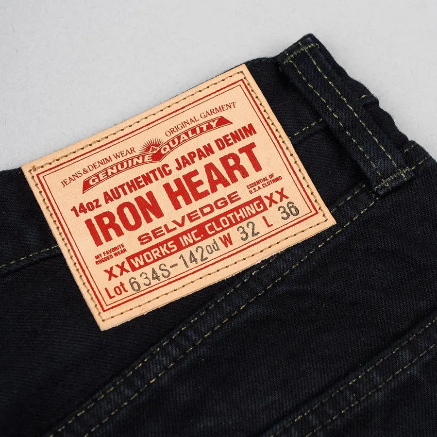 IRON HEART Indigo-Sulfide Black 634s Double Dyed 14oz Denim Jeans, One Wash