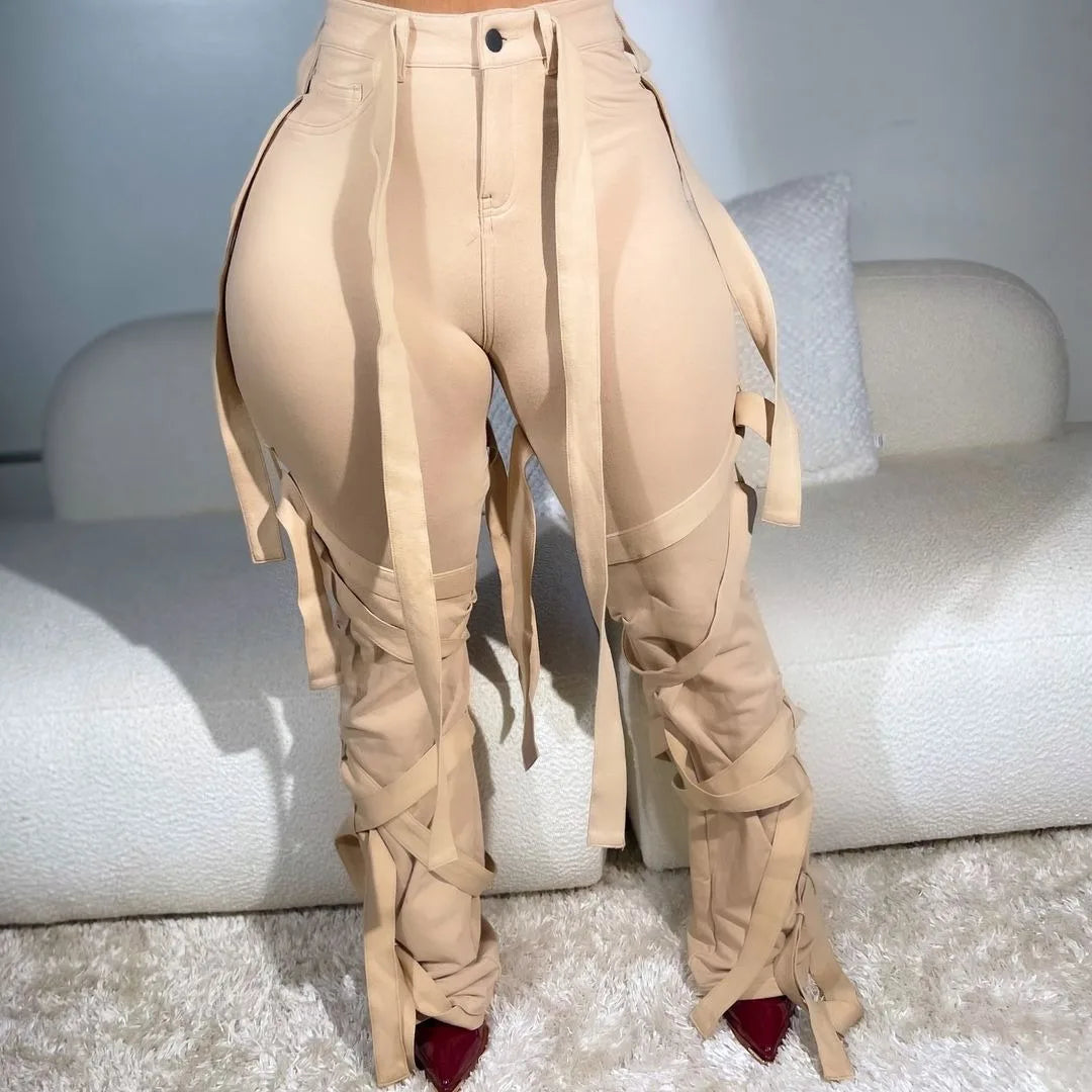 CM.YAYA Active Women High Waist Straight Mult Ribbon Long Pants 2025 Fall Casual Cargo Sweatpants Streetwear Classic Trousers