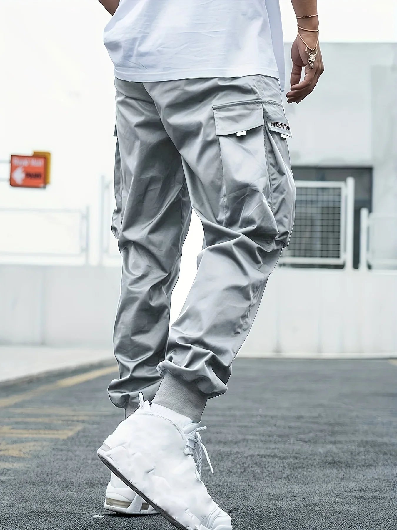 Plus Size Solid Color Spring Summer Men Casual Drawstring Cargo Pants Pockets Black Loose Out Door Elasticity Oversize Pants