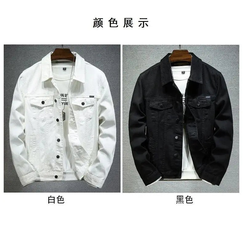 2024 Spring Men Solid Lapel Denim Jackets Fashion Motorcycle Jeans Jackets Hommes Slim Fit Cotton Casual Black White Coats