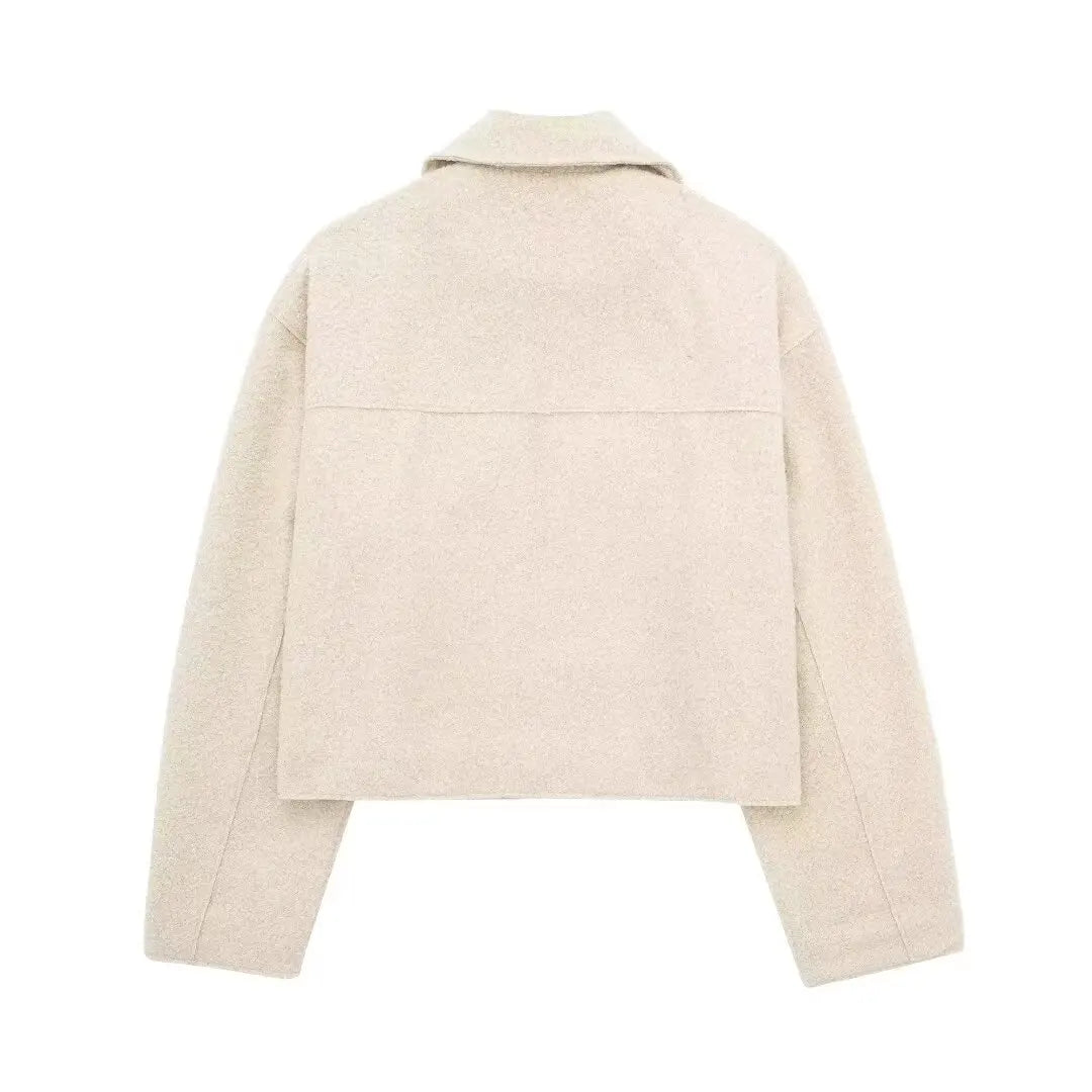 DUOPERI Women Fashion Winter Autumn Fleece Cropped Jacket Lapel Collar Long Sleeves Female Chic Lady Casual Short Outwear
