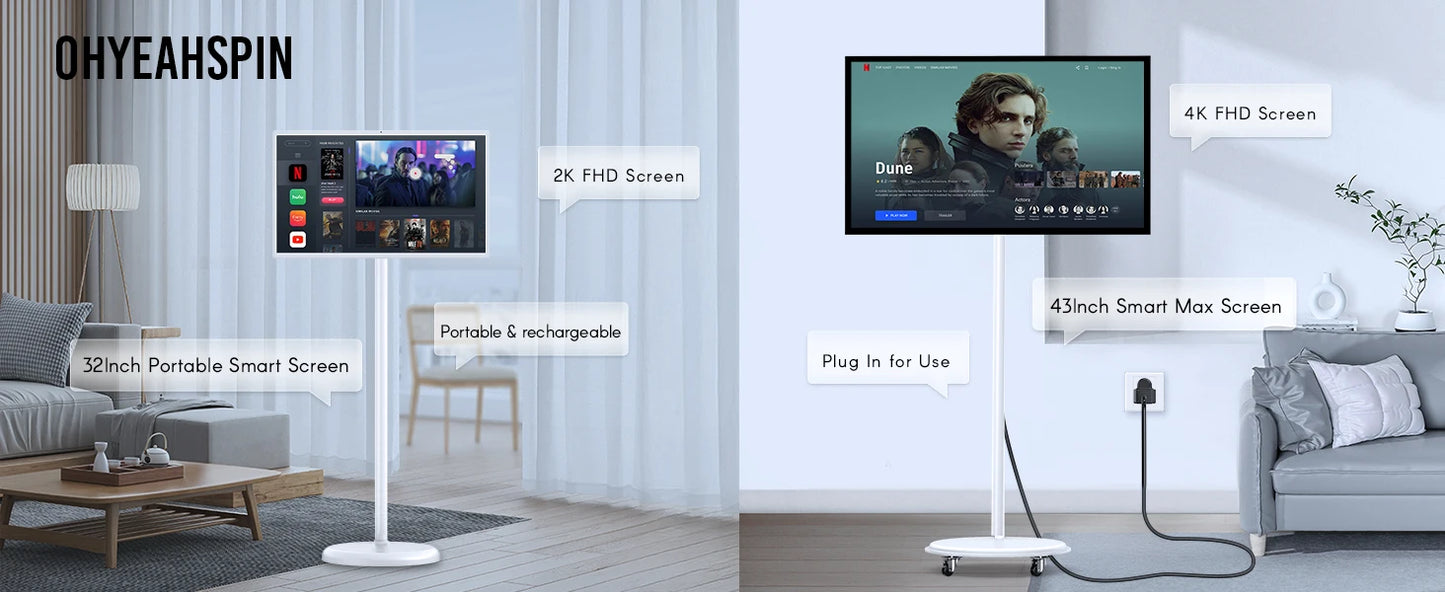 Portable TV 32 Inch Smart Touch, Rotating 2K LCD Screen with Built-in Cables, Android Operating System Stanbyme