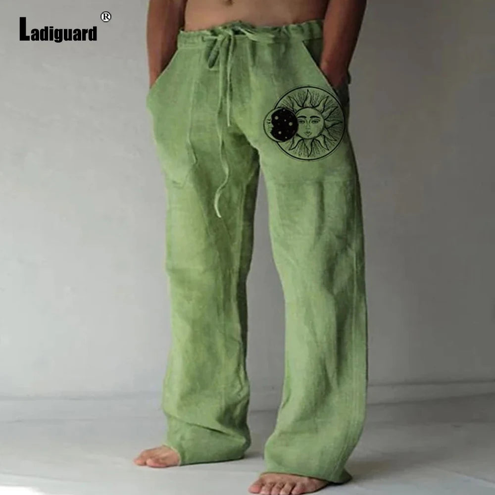 Plus Size 5xl Mens Loose Pants 2025 Summer Casual Linen Pants Male Fashion Print Trouser Men Patchwork Drawstring Leisure Pant