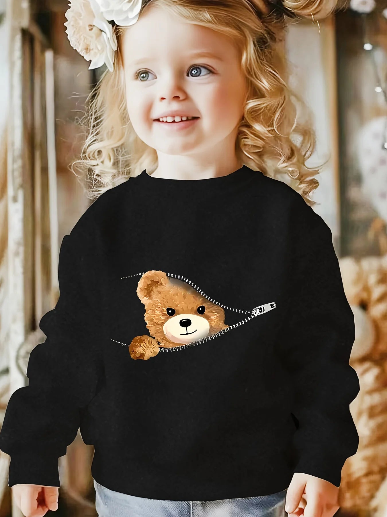 New fashionable children's casual creewneck sweatshirt, 3D printed zipper bear pattern, daily wear, soft texture, simple