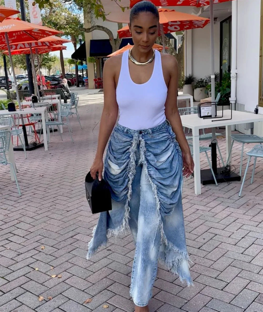 Women Solid Jeans Pants Denim Pleated Trousers Fuzzy Edge Full Lenth Mid Waist Zipper Straight Y2k Streetwear Casual 2026 Spring