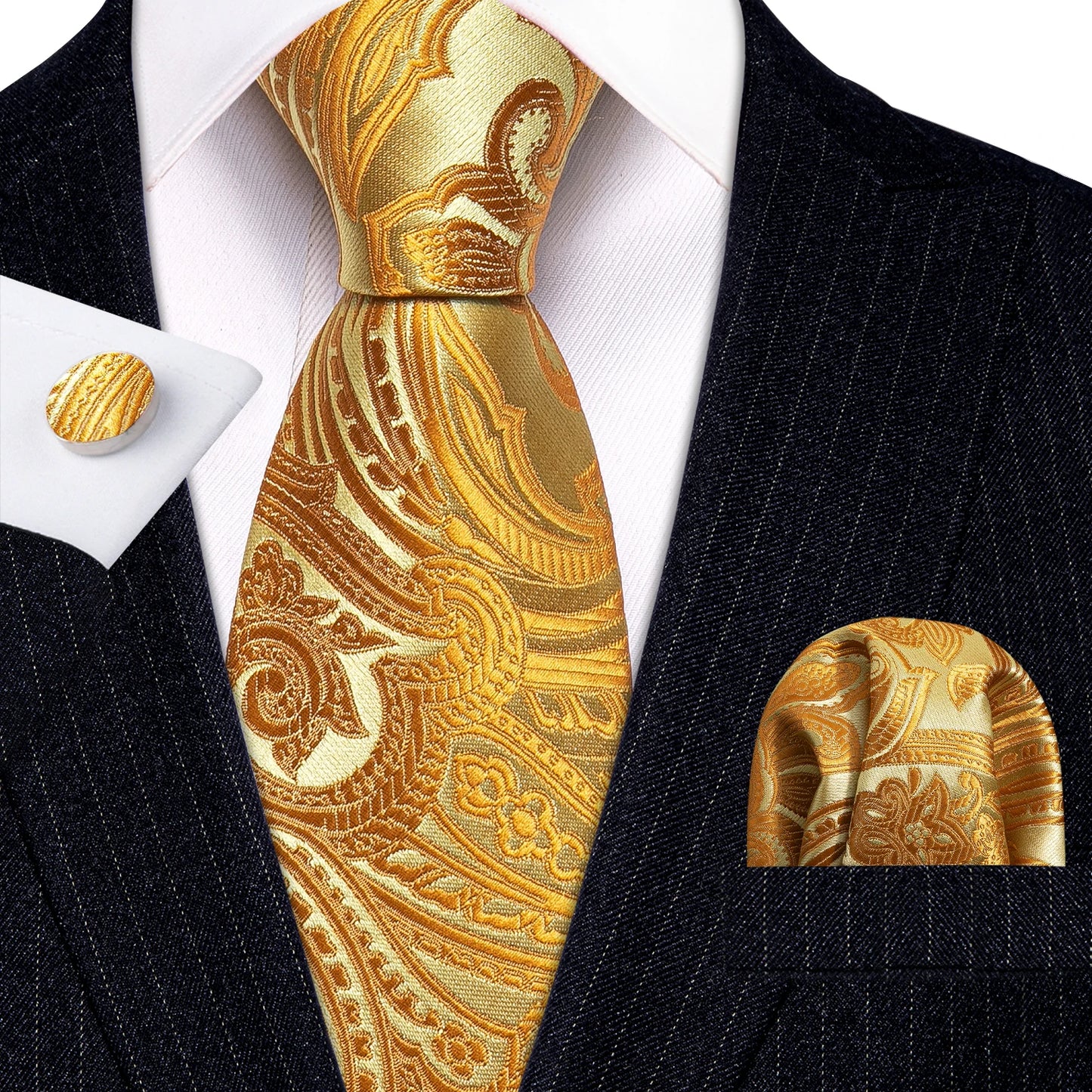 Barry.Wang Orange Brown Silk Mens Tie Hanky Cufflinks Set Gold Coffee Jacquard Designer Necktie For Male Wedding Business Party
