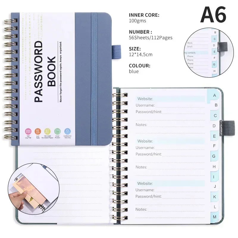 A6 Password Book Strap Spiral Notebook Website Username Password Record Notebook 56 Sheets Password Keeper Book Paper Stationery