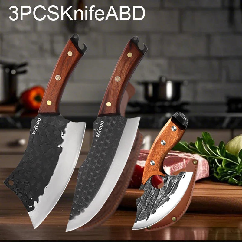 Kitchen Knife Supplies Forged Butcher Knife Fruit Slicing Bottle Opener Knife Multipurpose BBQ Cooking Chef Knife Wood Handle