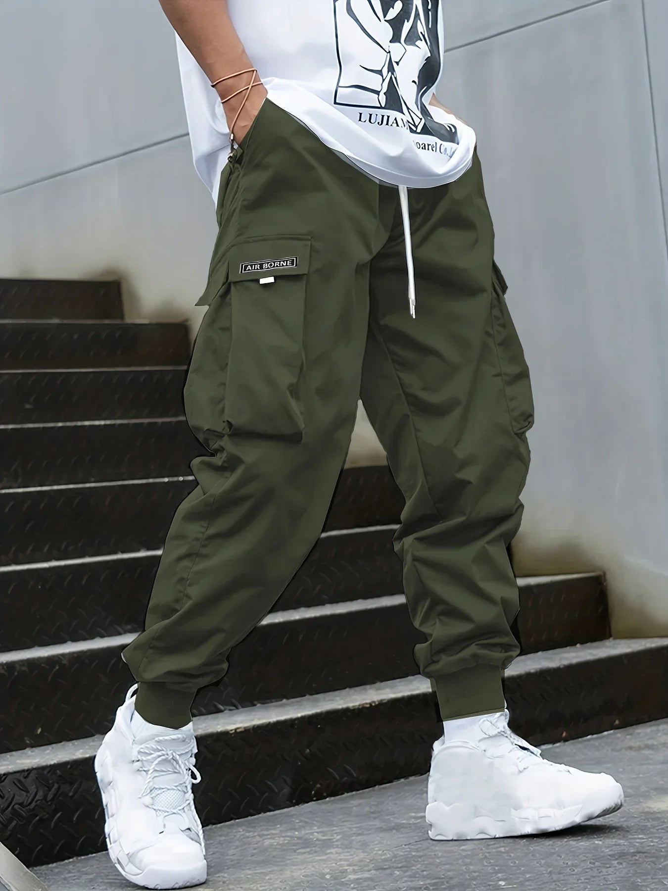 Plus Size Solid Color Spring Summer Men Casual Drawstring Cargo Pants Pockets Black Loose Out Door Elasticity Oversize Pants