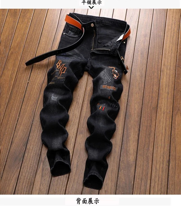 2024 Spring and Autumn New Fashion Trend Retro Ripped Small Foot Pants Men's Casual Slim Breathable Elastic High-Quality Jeans
