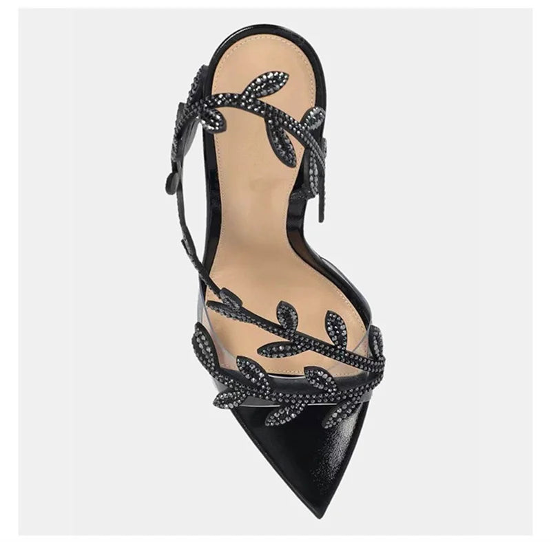 European American Pointed-Toed Rhinestone Leaves Thin Heel Sandals 2025 Spring And Autumn New Style Fashionable Elegant Party