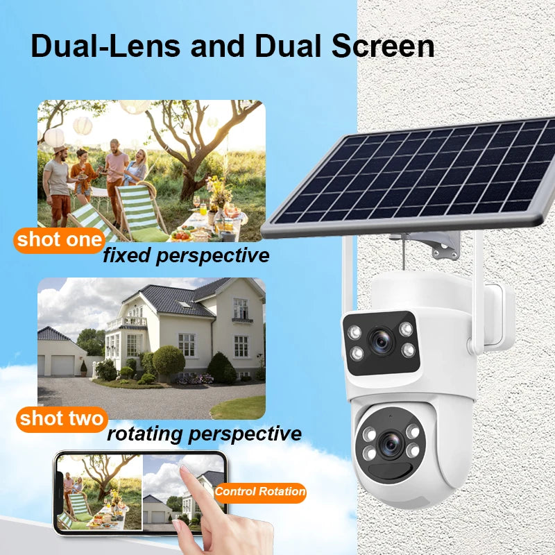 Hongnaer 8MP Dual Lens 4K Wireless WiFi/4G Sim Card Solar Powered Panel IP PTZ Outdoor WiFi Security CCTV Solar Camera