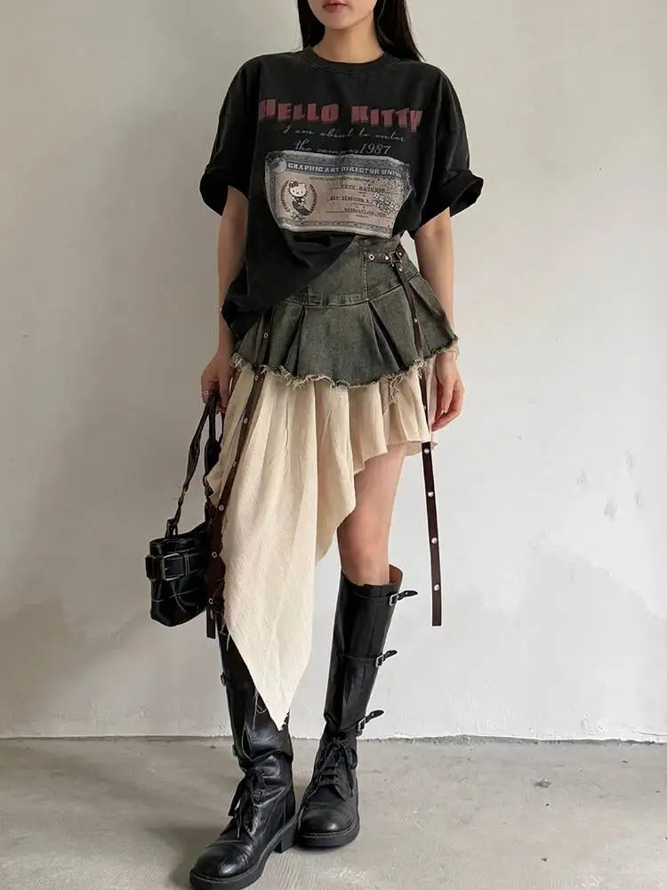 EAM Color-block Irregular Spliced High Elastic Waist A-line Mini Denim Skirt Women Fashion Tide New Spring Autumn 2026 30A3307