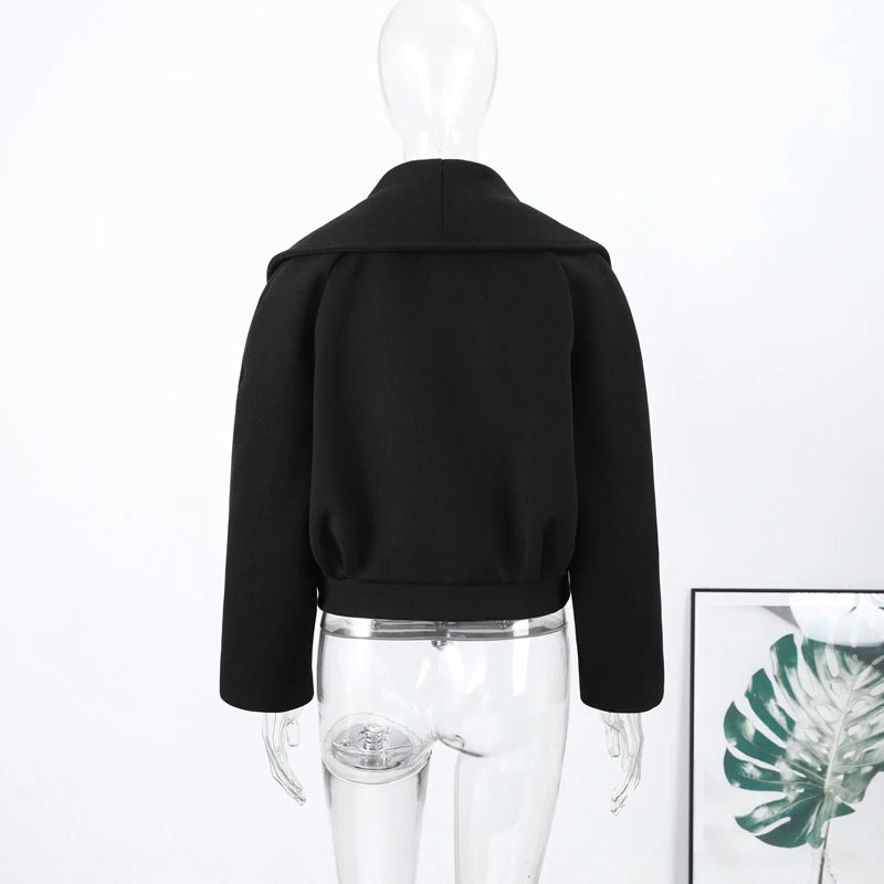 Black Stand Collar Woolen Coats Women's High Street Buttons Full Sleeve Short Overcoats 2026 Spring New Female Solid Outwear