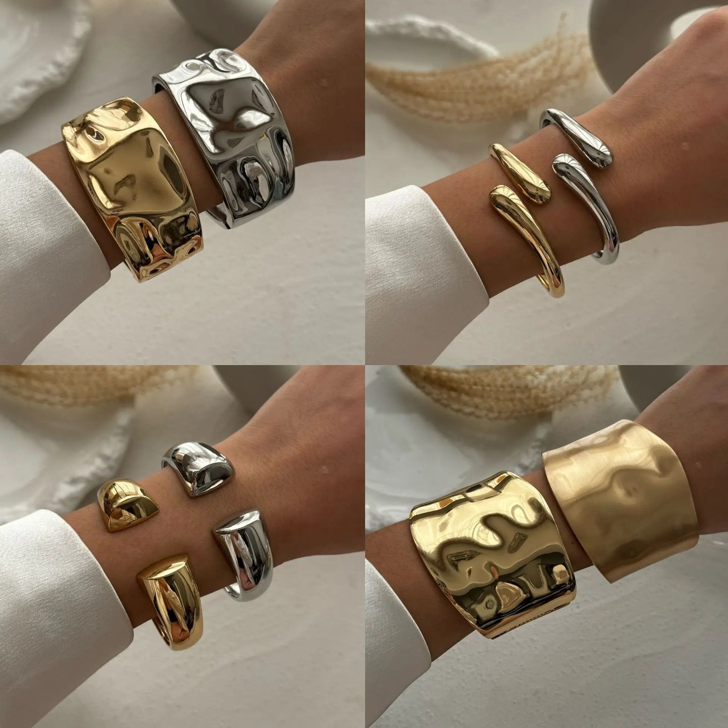 DIEZI Punk Hip Hop Geometric Cuff Bangles Exaggerated Irregular Gold Silver Color Metal Spring Bangles For Women Men Bracelet