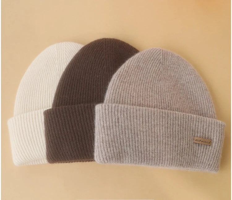 100% Merino Wool Double-Sided Beanie for Men Women Thick Soft Warm Winter Skull Caps Solid Color Knitted Beanies Hat