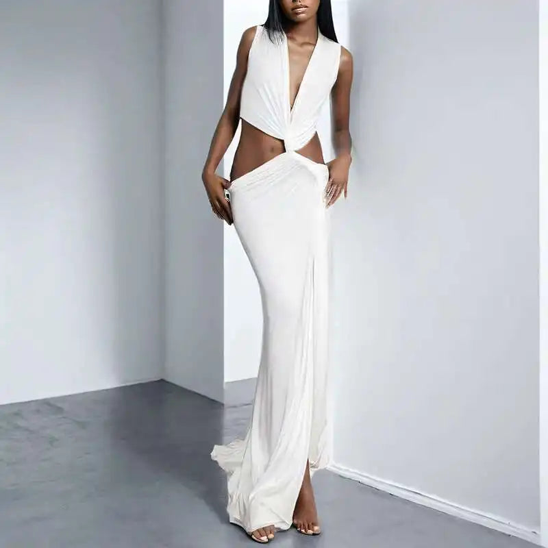 DEAT Spring New Arrival Fashion Hollow Out Sleeveless Dresses For Women Trendy Split V-neck Irregular Dress Female 11A03623