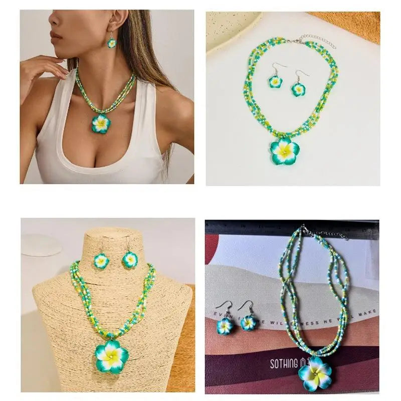 Egg Flower Earrings Necklaces Set Pendant Bohemia Flower Necklaces Earrings Drop Earrings Choker Vacation Style Jewelry Girl