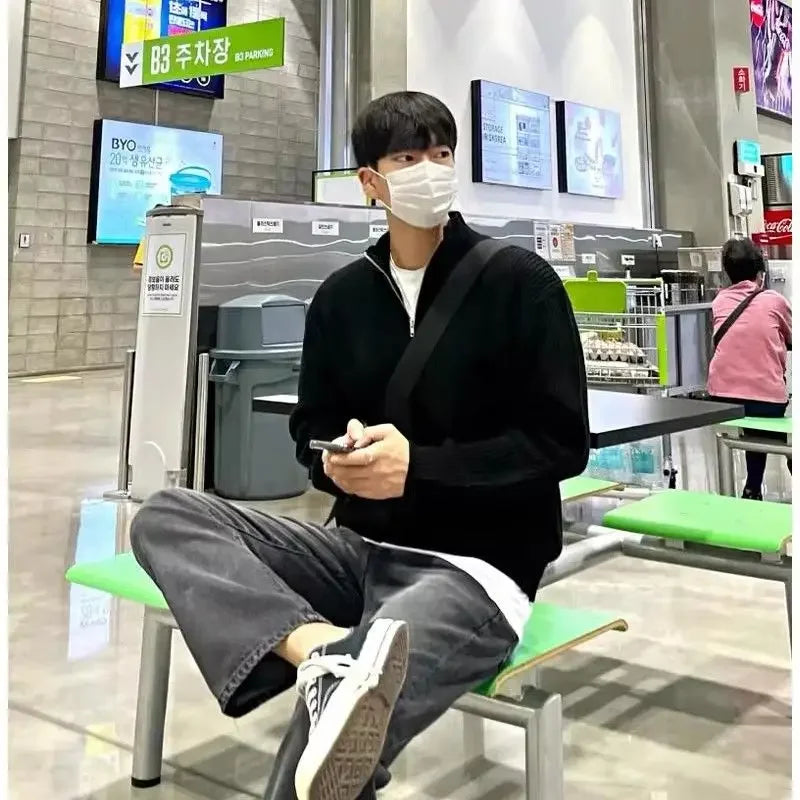 American Fashion Brand Design Korean Style Stand Collar Half Zipper Sweater Men's Temperament Versatile Knitted Sweater