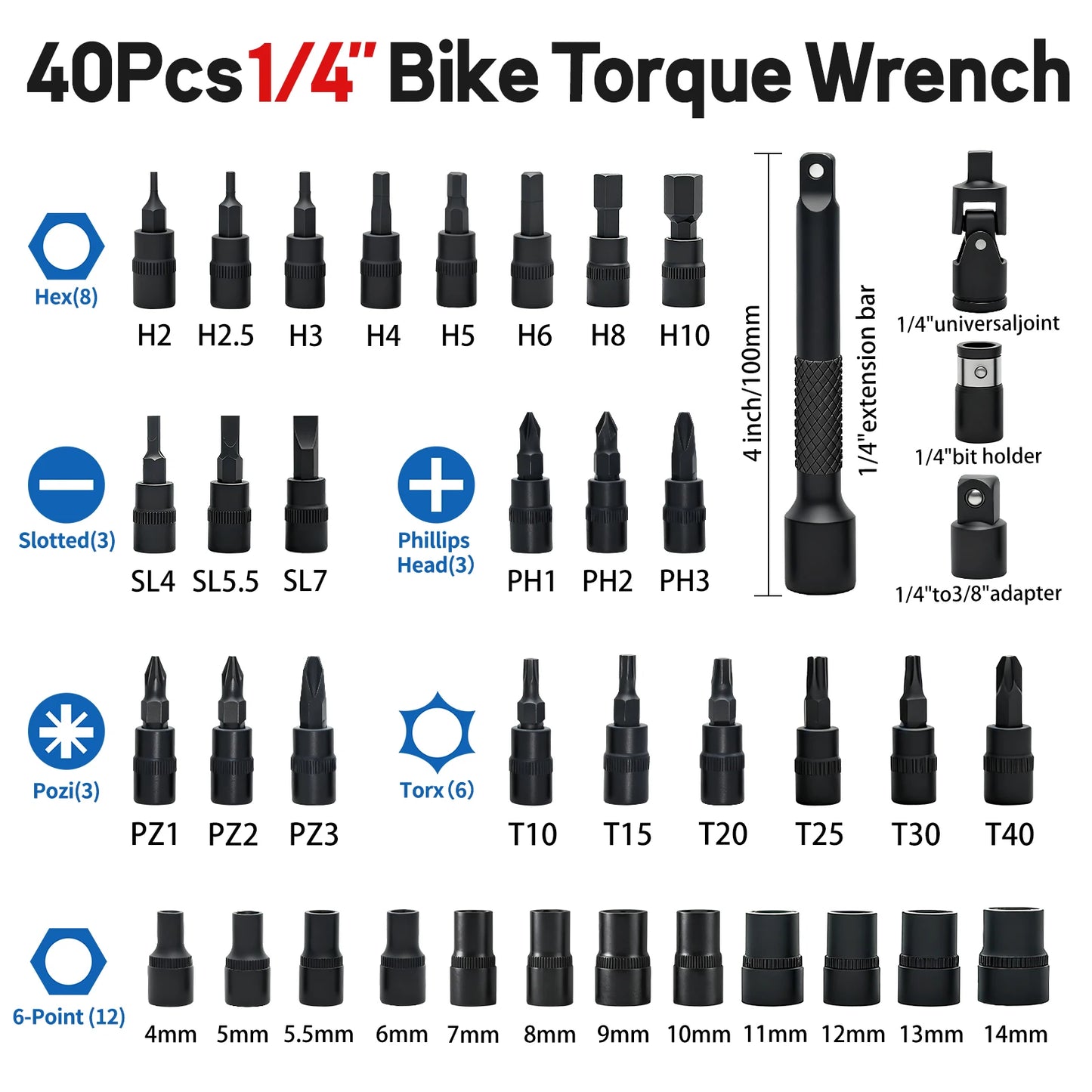 MOVECRAB 40Pcs Bike Digital Torque Wrench Set, 1/4-Inch Drive 1-22 Ft.lb/1.5-30 N.m with Bits & Sockets for repairing Bike