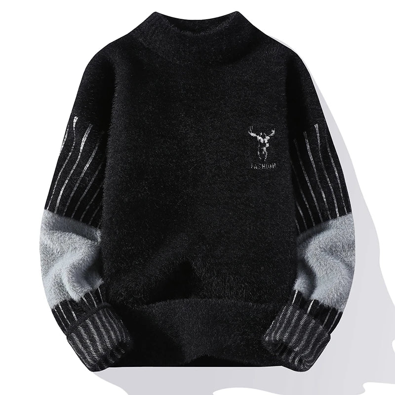Thickened Winter Semi High Neck Knitted Sweater with Anti Pilling Splicing Men's Casual Long Sleeved Bottom Printed Pullover