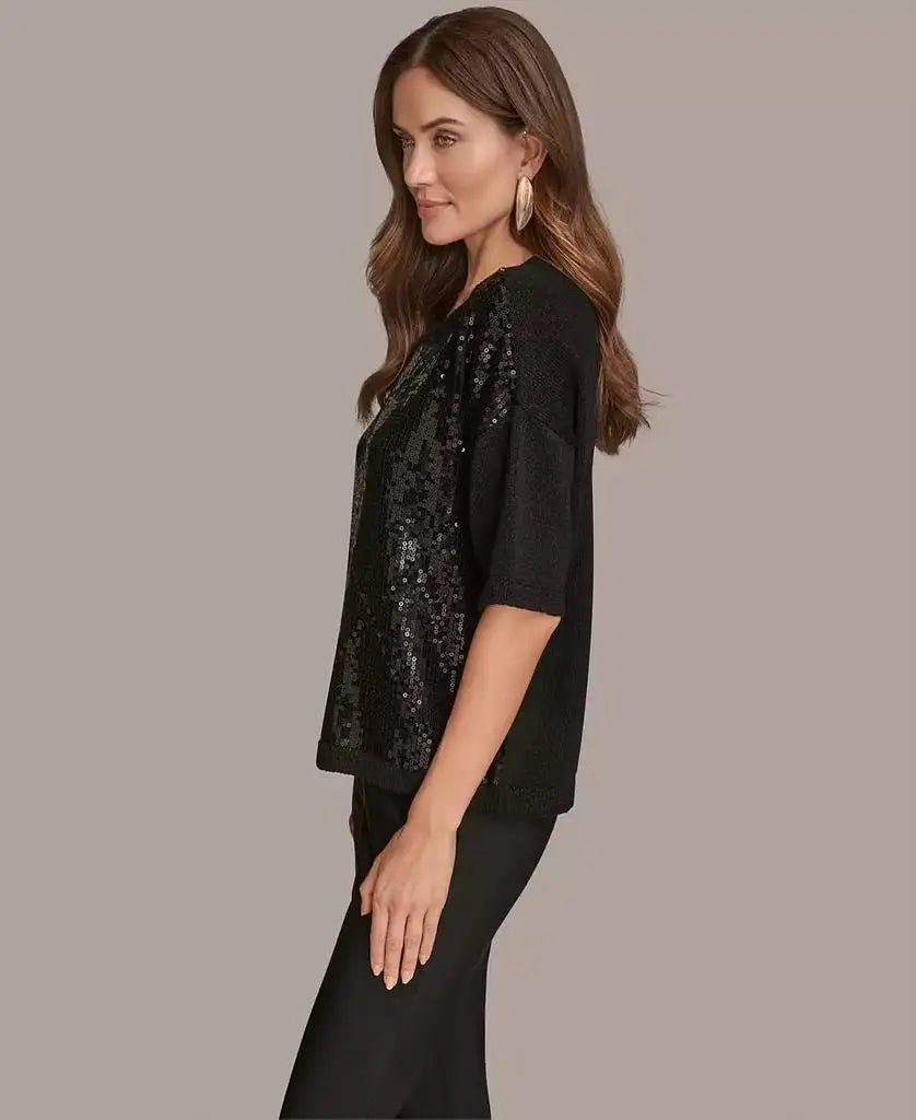 Women's Short Sleeve Sequin Sweater | Donna Karan New York