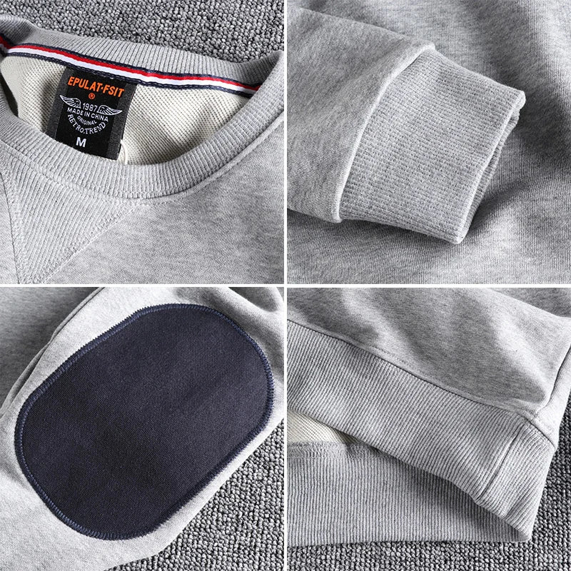 Spring New American Retro Sleeve Patch Solid Color Sweatshirt Men's Simple 100% Cotton Washed Pullover Loose Casual Sportwear