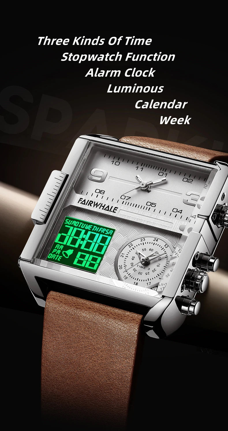 Mark Fairwhale 4270 Retro Square Men's Electronic Digital Dual Display Waterproof Night Light Leisure Men's Clock reloj hombre