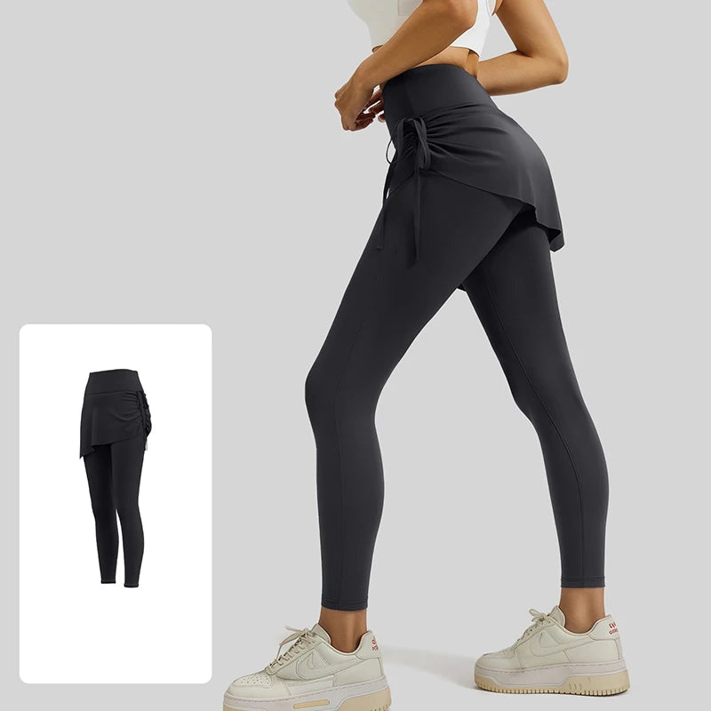 BIVIGAOS New Spring Drawstring Pleated Yoga Leggings Skirt Pants Fake Two Piece Women High Waist Elastic Sports Fitness Leggings