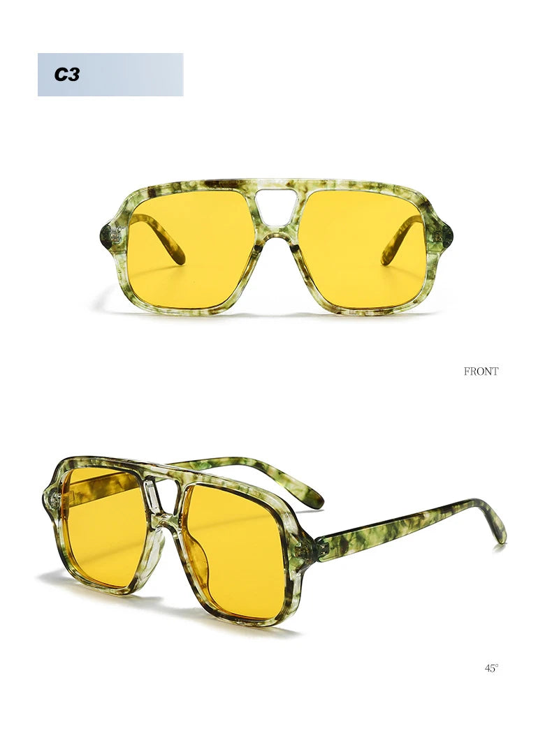SO&EI Ins Popular Fashion Double Bridges Square Men Sunglasses Vintage Punk Yellow Blue Shades UV400 Men Trending Sun Glasses