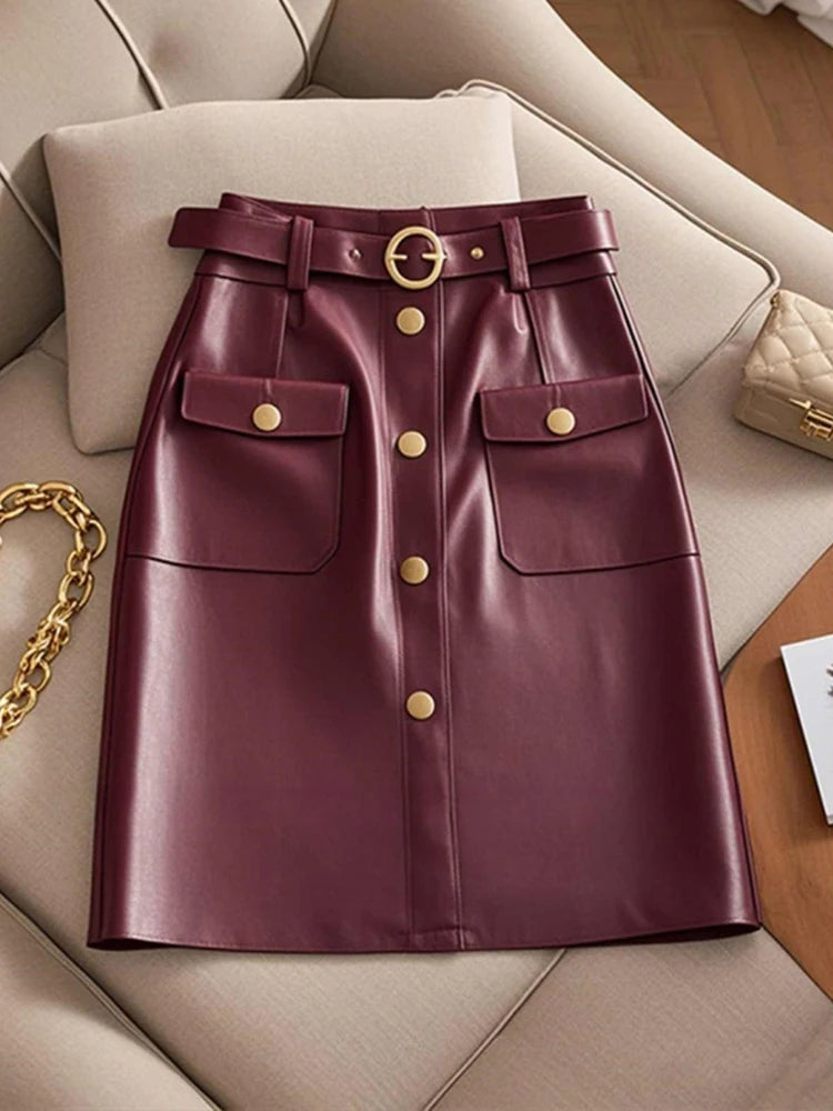 2024 autumn new high-end and super good-looking A-line skirt, fashionable and high-end wine red leather  black skirt