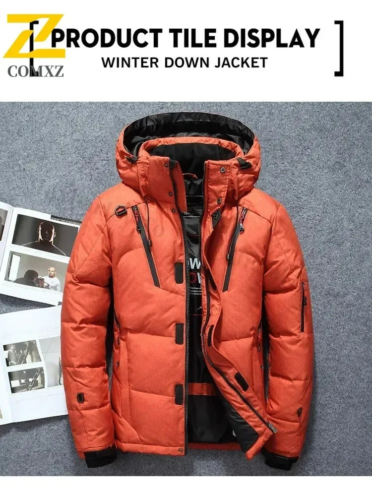 Winter Thickened Men Down Jacket Climbing Hunting Hooded Warm White Duck Down Coat Man Casual Lightweight Puffer Jacket Ski Snow